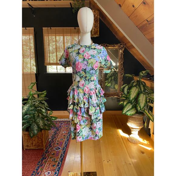 80s Party Dress Floral Ruffle - Picture 9 of 9